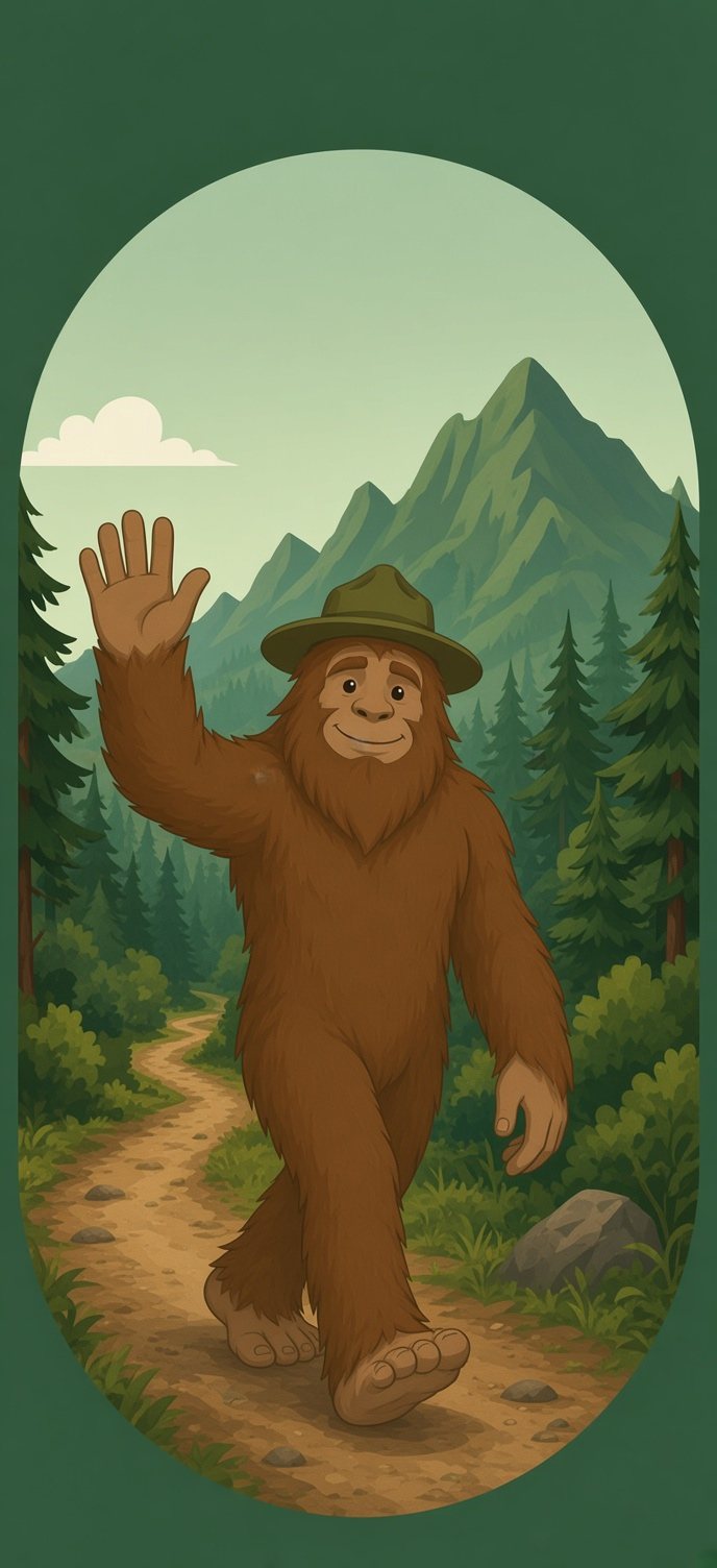 Ranger the Sasquatch waving on a mountain trail surrounded by pine forest